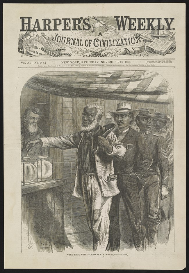 cover image of the 19th century publication Harpers Weekly showing African American men lined up to vote