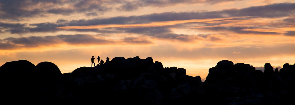 Five people silhouetted on a rocky outcrop at sunset