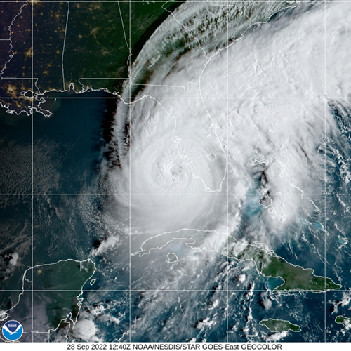 Hurricane Ian off the west coast of Florida on September 28, 2022 satellite image of a large hurricane off the west coast of Florida