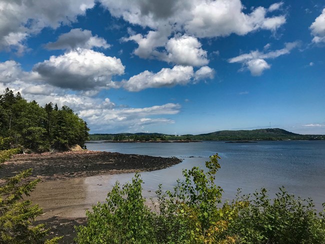 Saint Croix Island International Historic Site a coastline with green trees and a blue sky