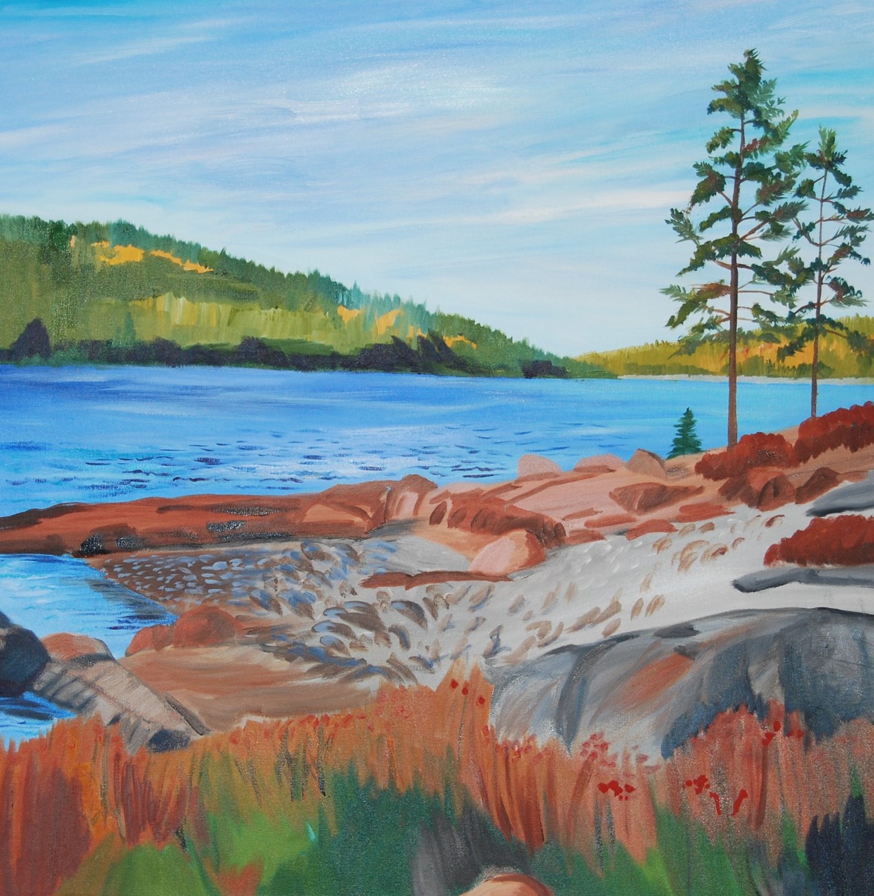 Oil painting of coastline along the Schoodic Peninsula. Sunny day with brown foreground and light blue water. Oil painting on canvas
