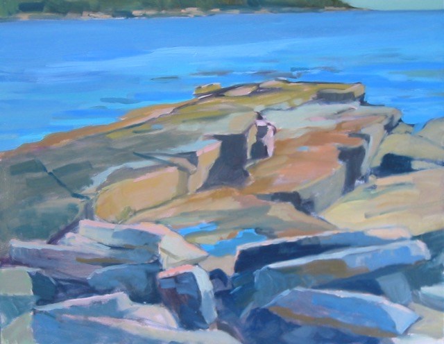 Oil painting of large boulders along the shoreline.