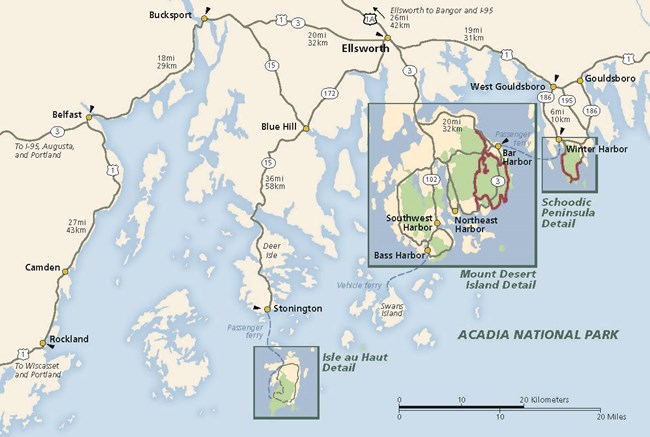 Map of Acadia National Park lands along Atlantic coastline