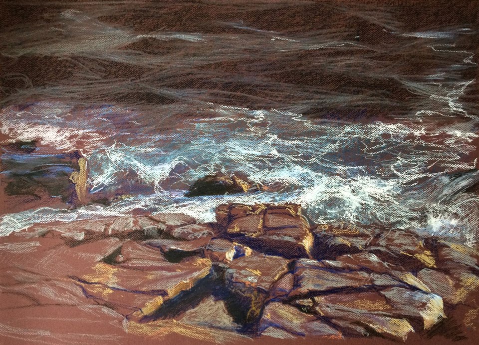 Oil pastel depiction of rocky Atlantic coastline