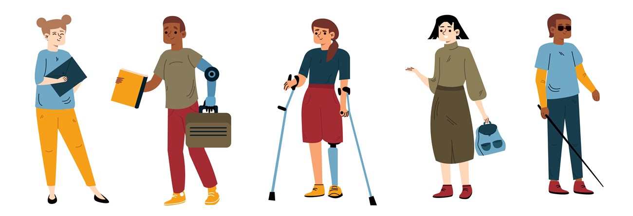 Cartoon illustration of five people with disabilities