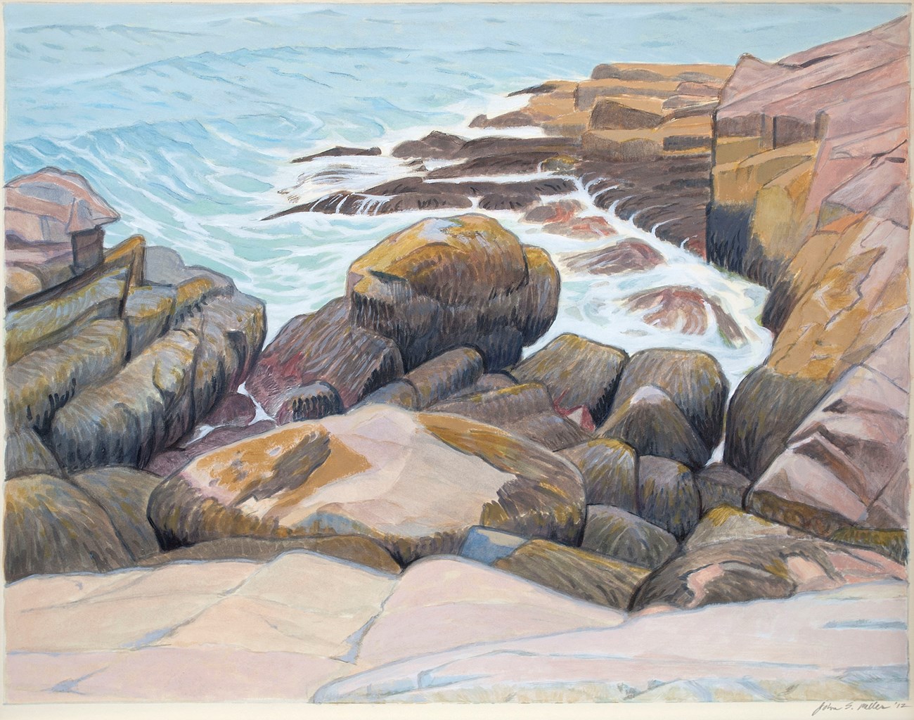Acrylic painting of coastline with waves crashing against seaweed covered rocks. The water is a light blue color and the rocks are painted with light brown, yellows, and pinks.  In the center is a large boulder that has the shape of a bison bent over.