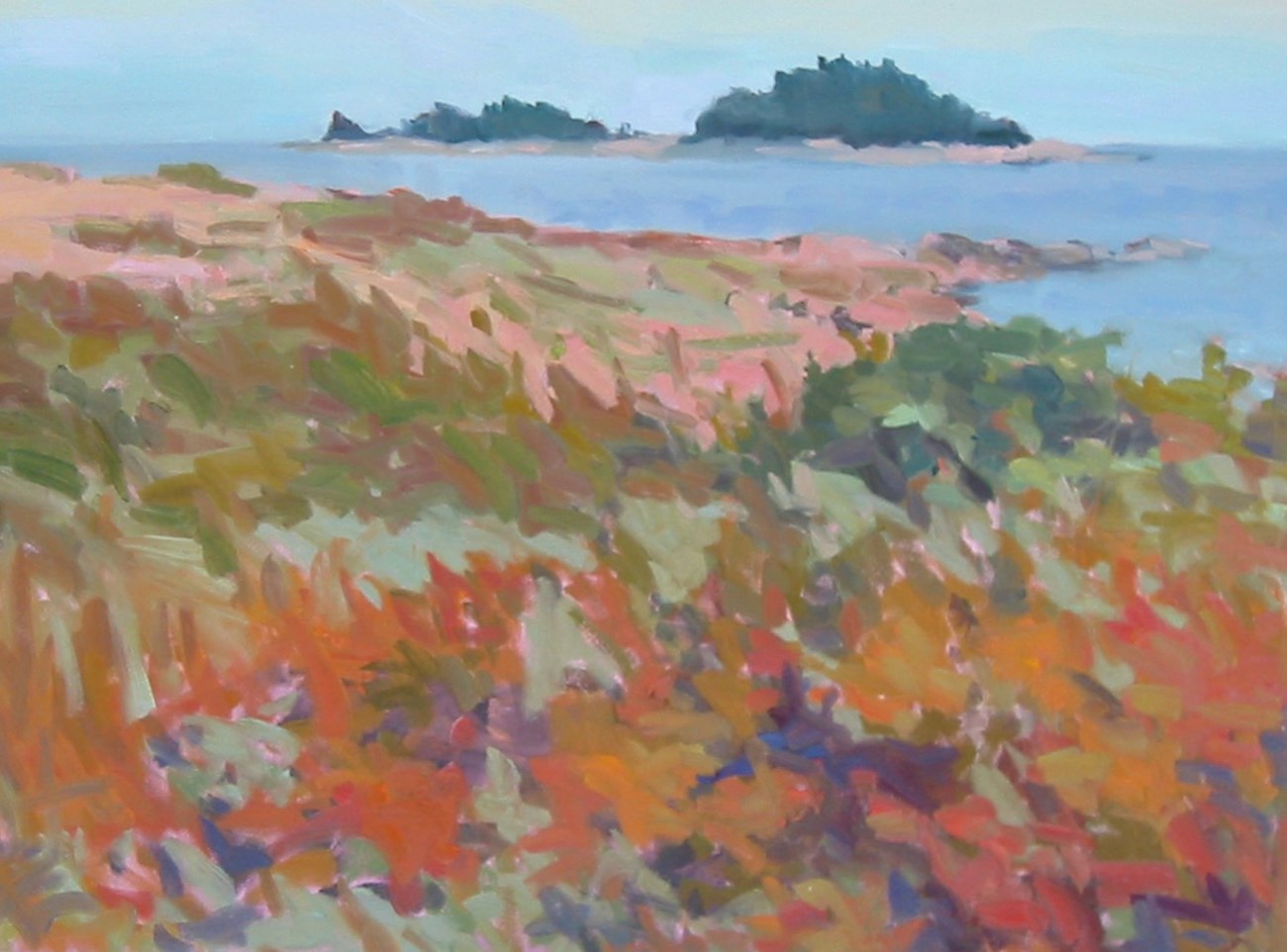 Cranberry Point Oil painting of the shoreline with islands in the distance. Impressionist style used with broad brushstrokes and a wide range of colors from dark browns to light pink.