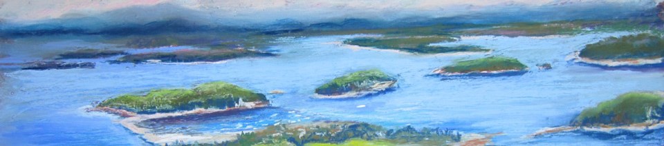 Painting of coastal islands viewed from a mountain summit