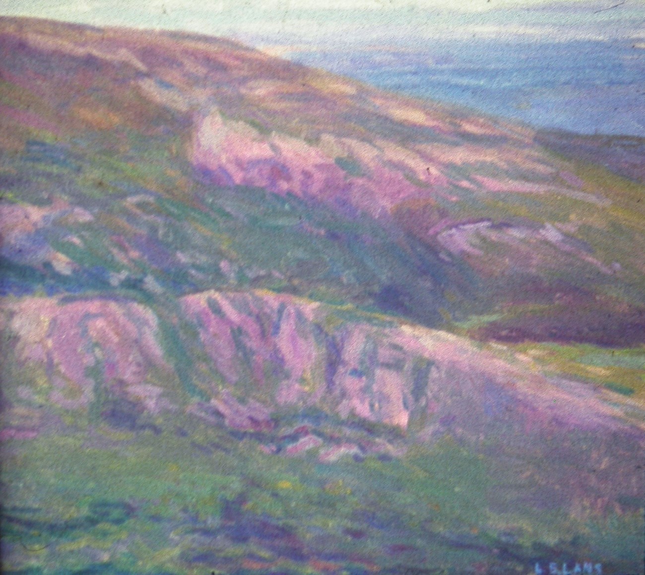 Oil Painting of the Bubbles. Mostly pinks, Blues, and Greens used. Image is of a landscape looking towards the ocean with sloping land in the foreground.