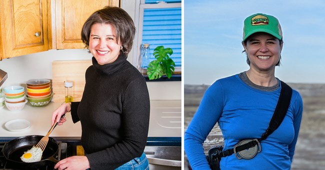 Two images of same woman, one cooking at a stove, the other in hiking gear Two images of same woman, one cooking at a stove, the other in hiking gear