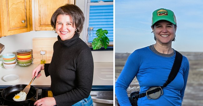 Two images of same woman, one cooking at a stove, the other in hiking gear