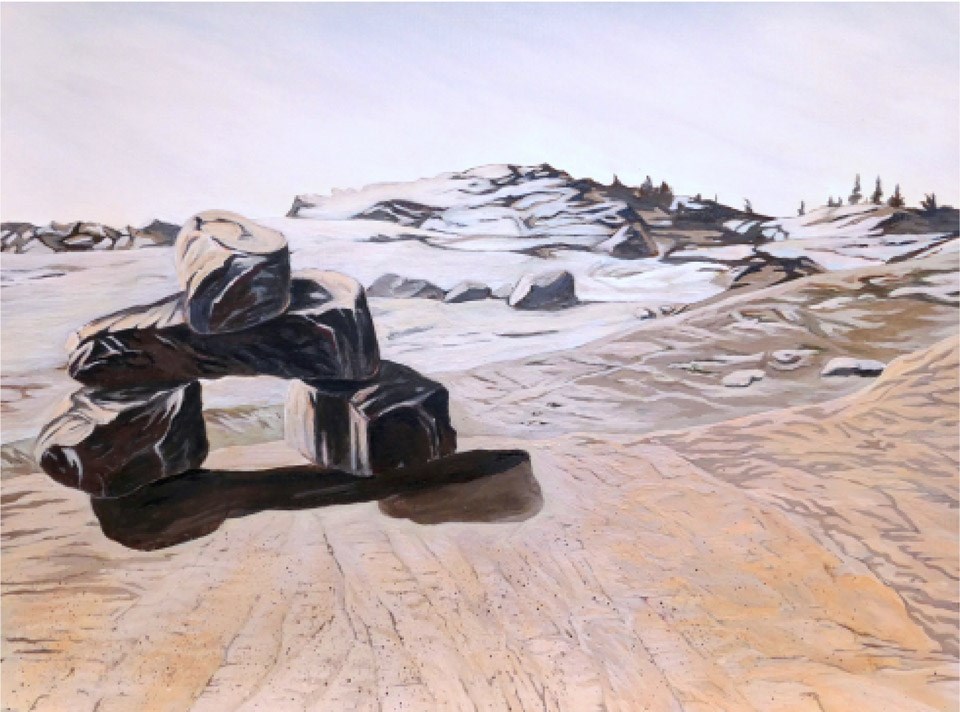 Painting of a bates cairn on a rocky summit landscape