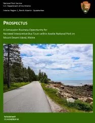 Thumbnail image of prospectus cover, a green document with a photo of a roadway along a coastline  in Acadia