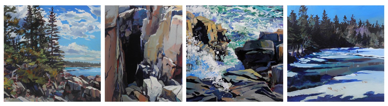 Schoodic Paintings by Jana Matusz Four paintings of rocky Atlantic coastline aligned horizontally