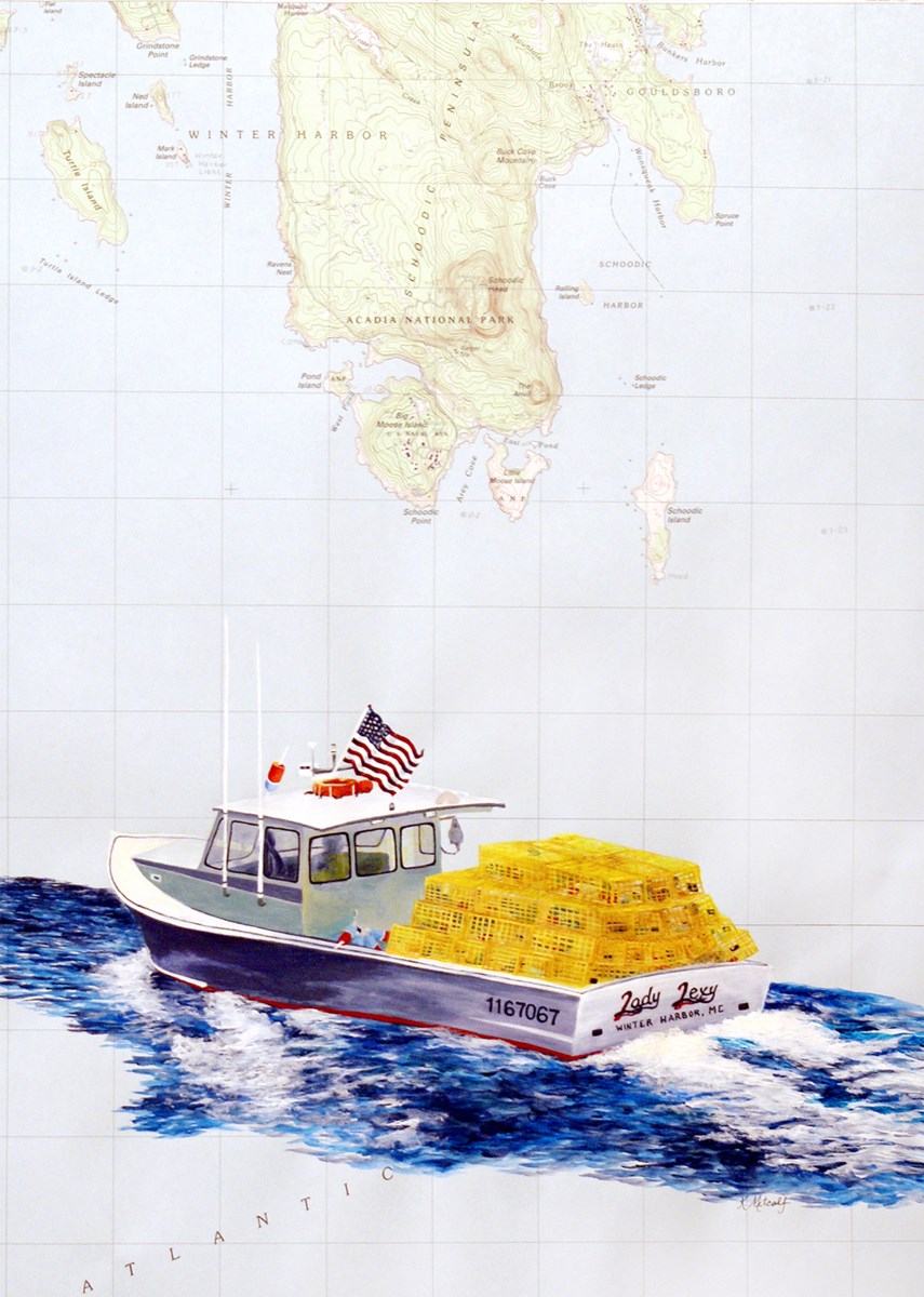 Acrylic painting of a lobster boat with yellow lobster traps stacked in the stern. The image is painted on a topographic map of the Schoodic peninsula and the surrounding ocean.