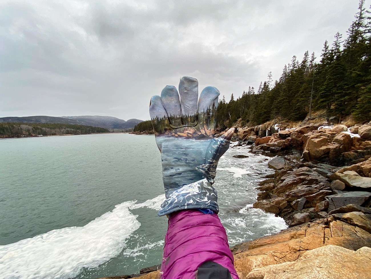 Leather glove painted with scene is held up in front of rocky coastal landscape