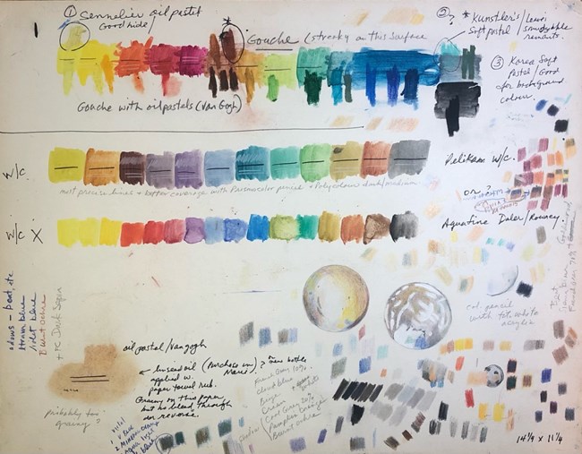 Paint, pastel, and pencil color sample swatches on the reverse side of artwork