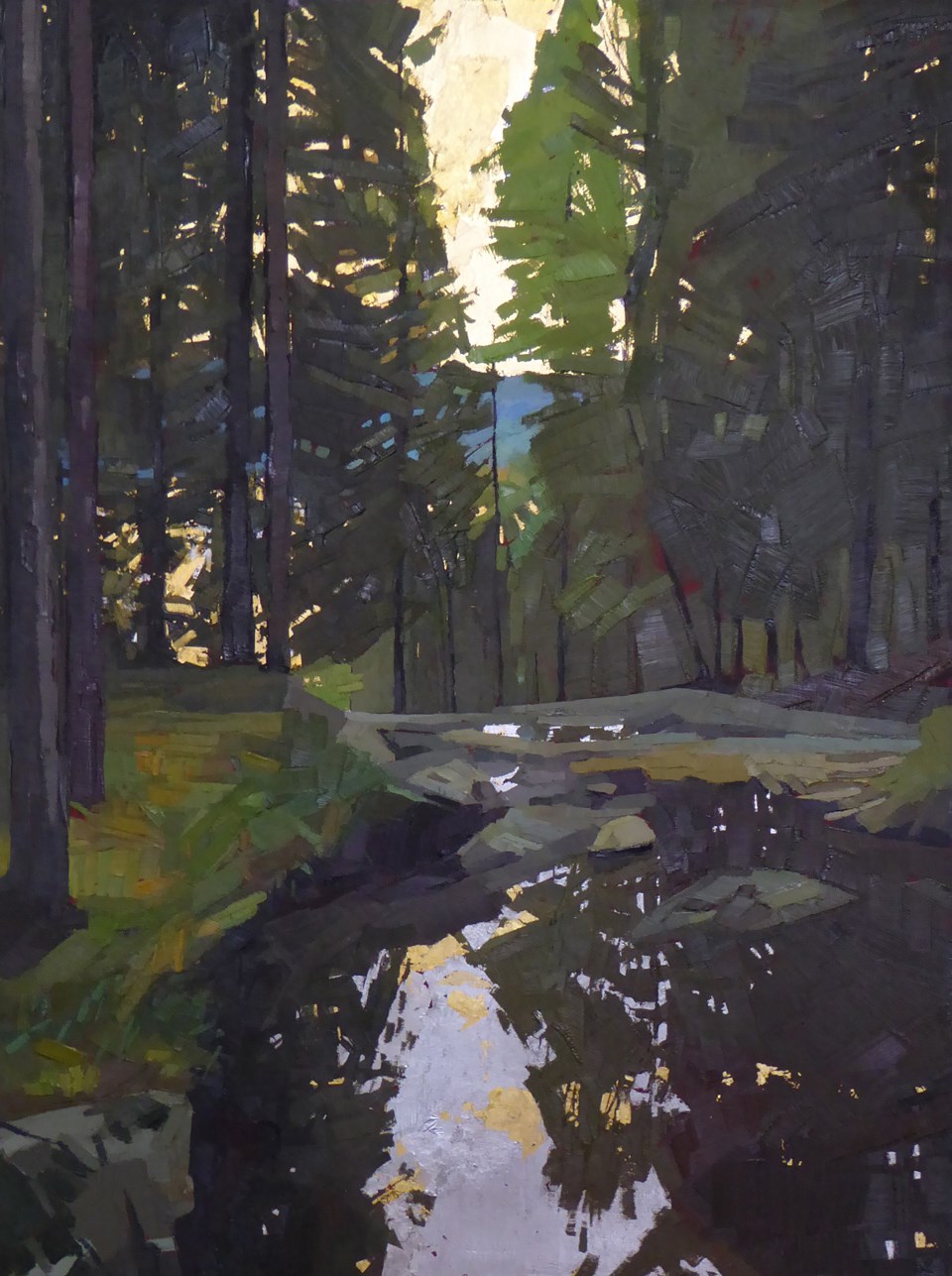 Painting of a creek with reflection of trees and falling light