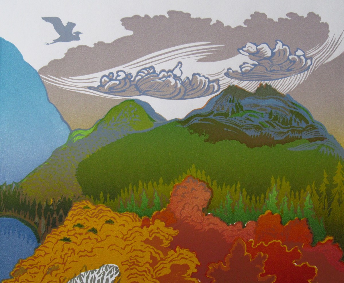 Woodblock engraving of a view across Jordan Pond of the bubbles. Done in a stylistic manner with sweeping clouds and a heron flying from left to right in the upper left hand corner.