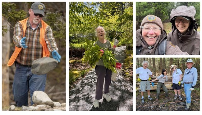 Four photos showing volunteers doing different tasks from storm clean-up, to gardening, to smiling in the rain, and working on hiking trails