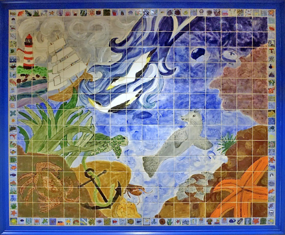 Acadia Mural Ceramic mural of ocean scene with a seal, eider ducks, ship, and lighthouse. Made up of individual tiles made by students.