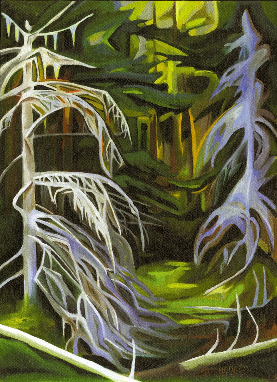 Two Ghosts by Kathy Hodge Painting by Kathy Hodge, under a dense green forest canopy