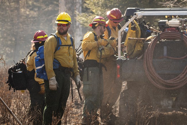 Wildland firefighters gather beside an equipment truck stopped in a wooded area