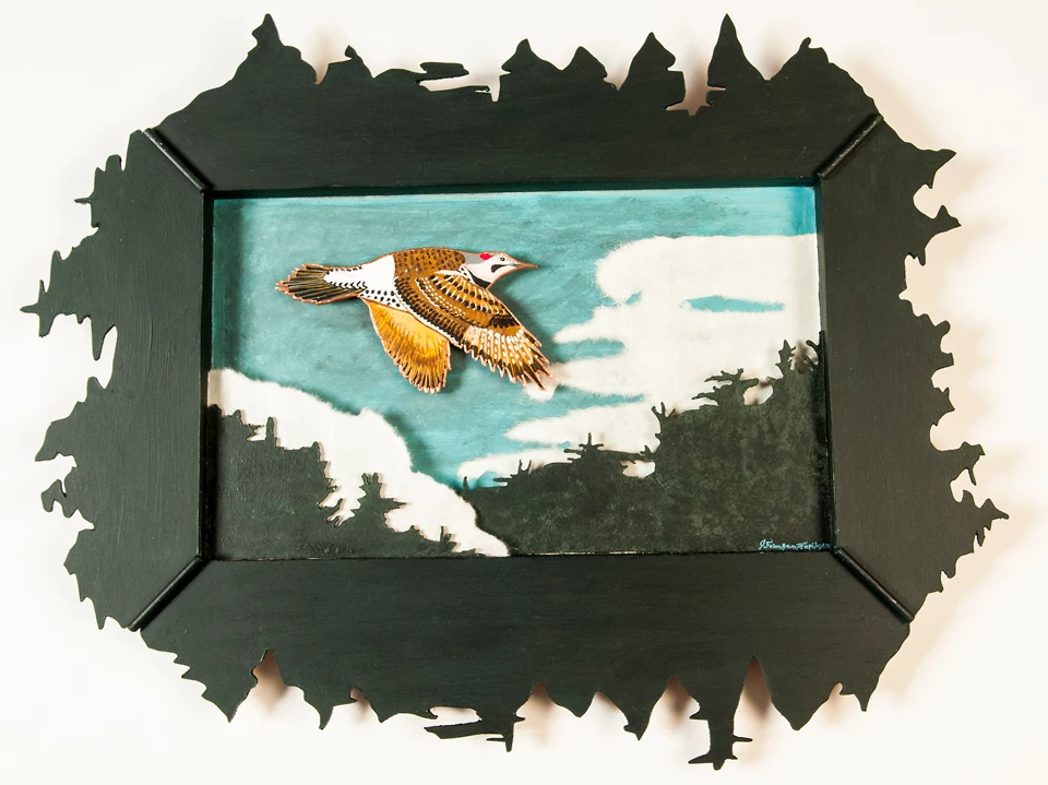 Shadowbox art featuring a Flicker bird inside Shadowbox art featuring a Flicker bird inside