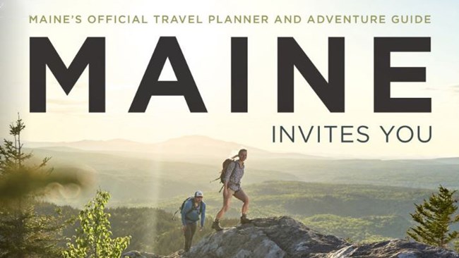 Thumbnail image of Maine Invites You magazine cover featuring two people hiking on a mountain summit in morning light