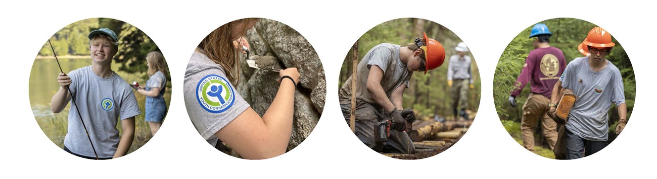 A composite of four circle photos of young people working in outdoor settings