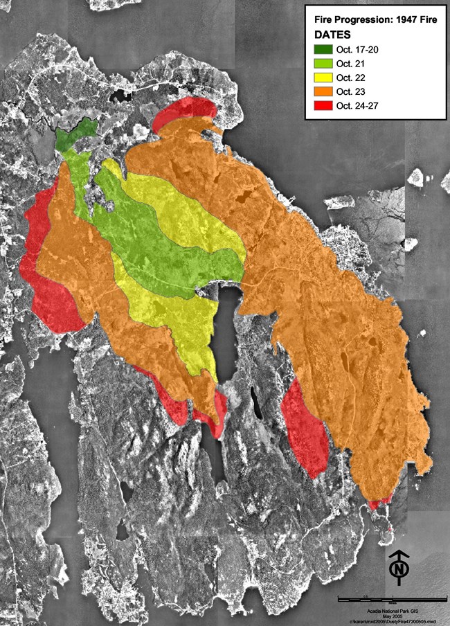 Map with colors showing fire progression