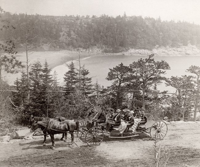 a B&W photo showing a group on horse drawn buckboard carriage in front of the ocean