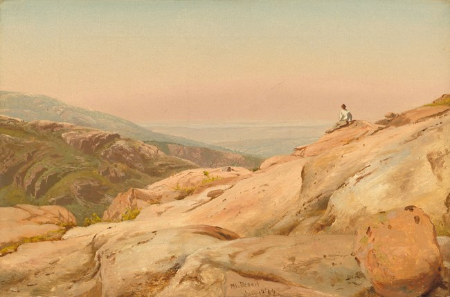 a color painting of a man sitting on exposed rock overlooking the distant sea