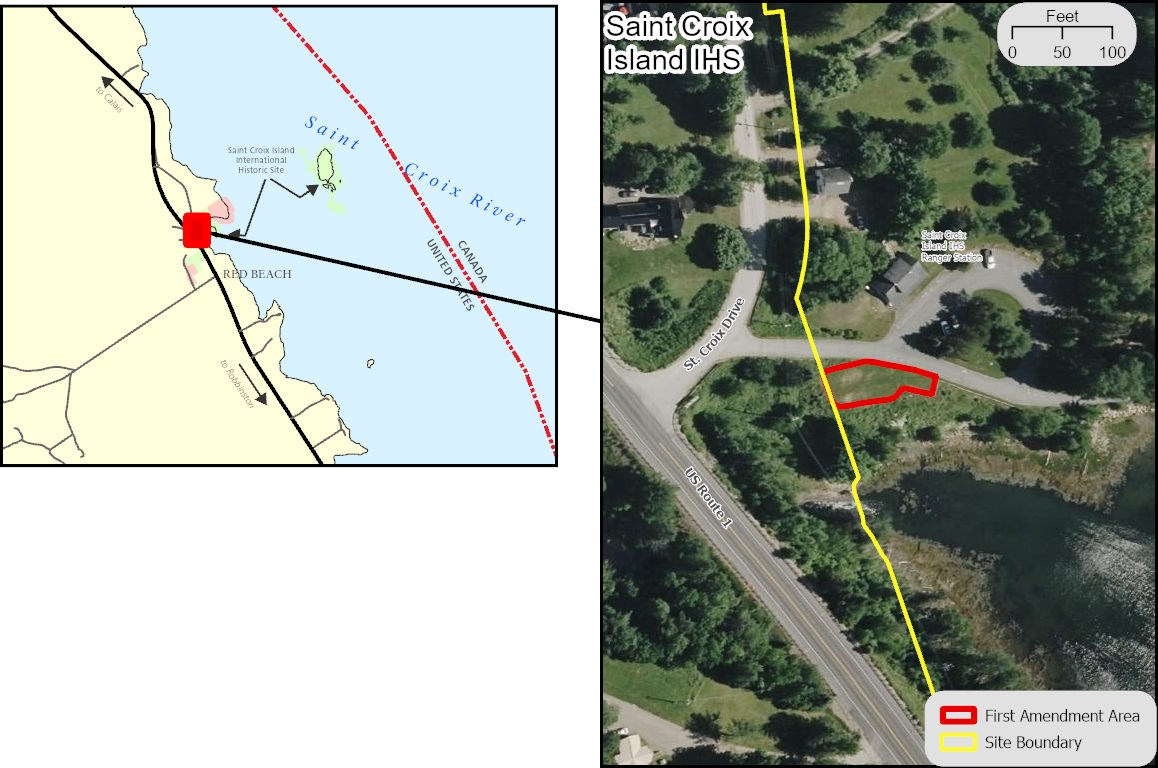 Composite graphic with a map and aerial photo of First Amendment Sites at Saint Croix IHS