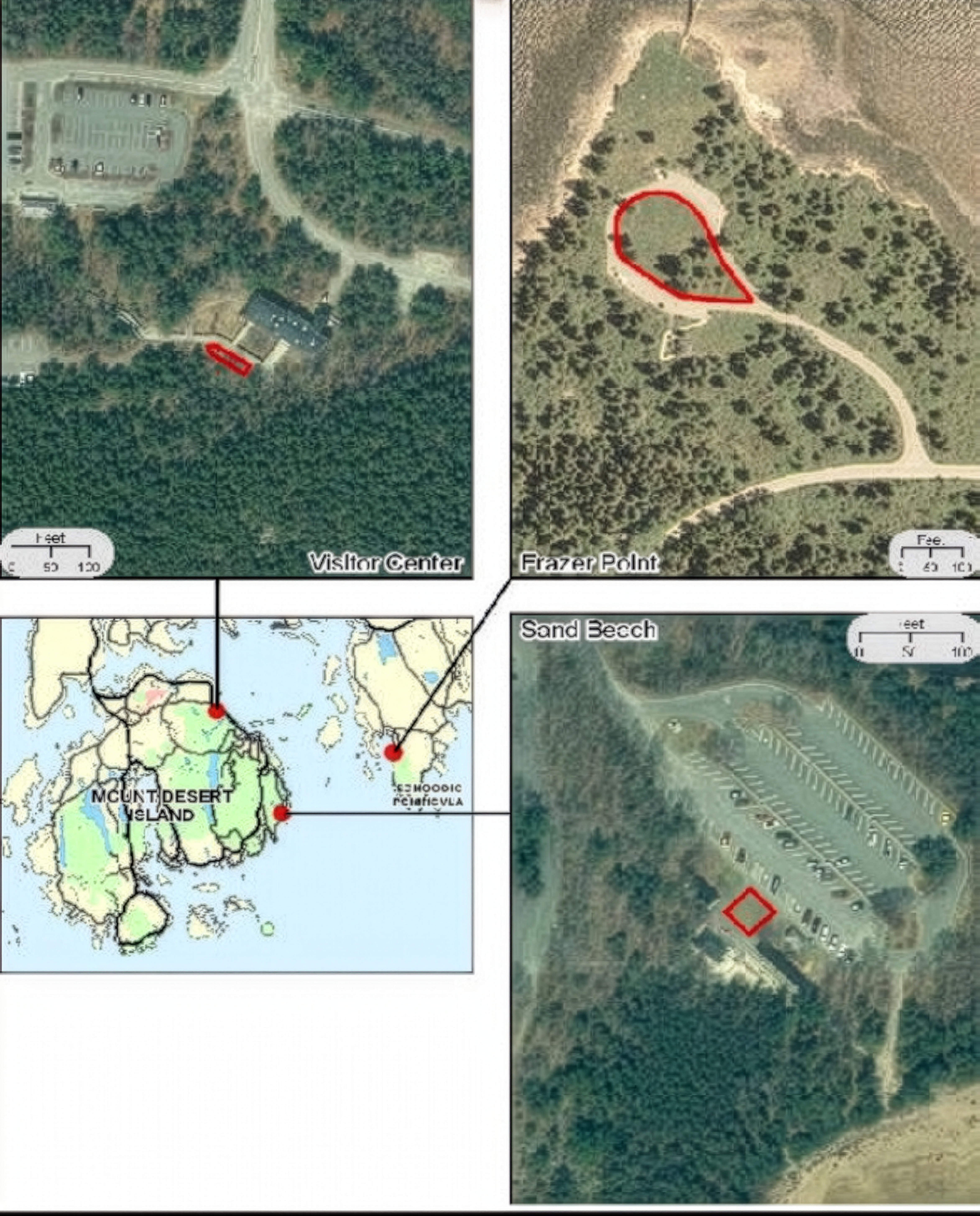 Map showing three demonstration locations in Acadia National Park. Insets identify highlighted areas at the Visitor Center, Frazer Point, and Sand Beach, with locator maps showing their positions on Mount Desert Island.