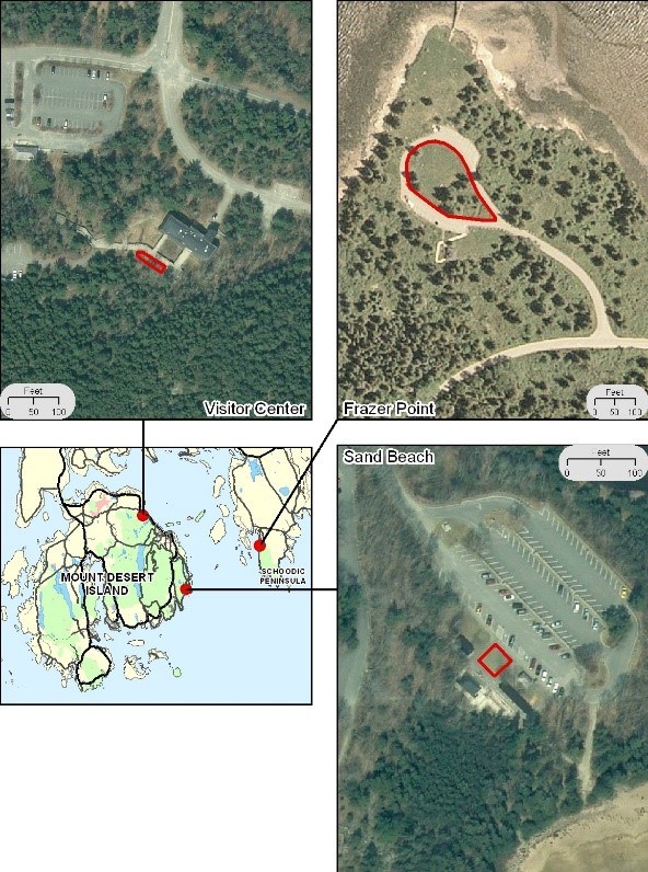 Grid of three aerial photos and a map of demonstration areas across Acadia