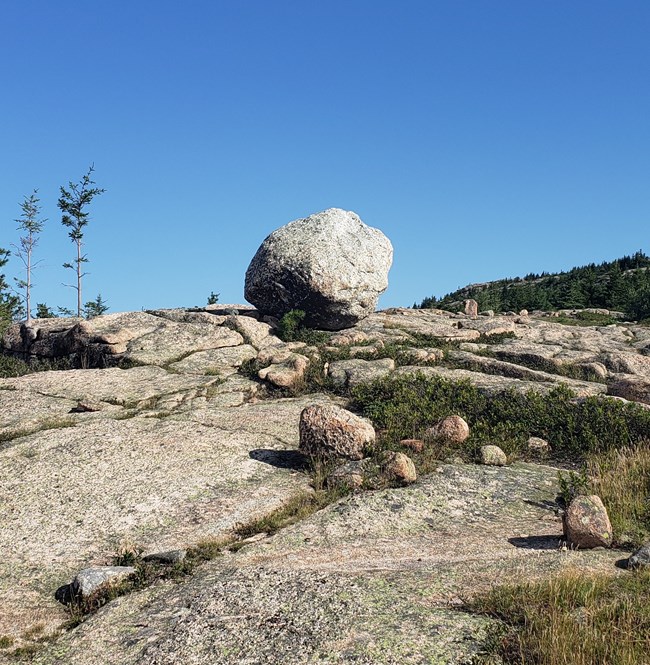 A large boulder left by glaciers sits along the Penobscot Mountain Trail