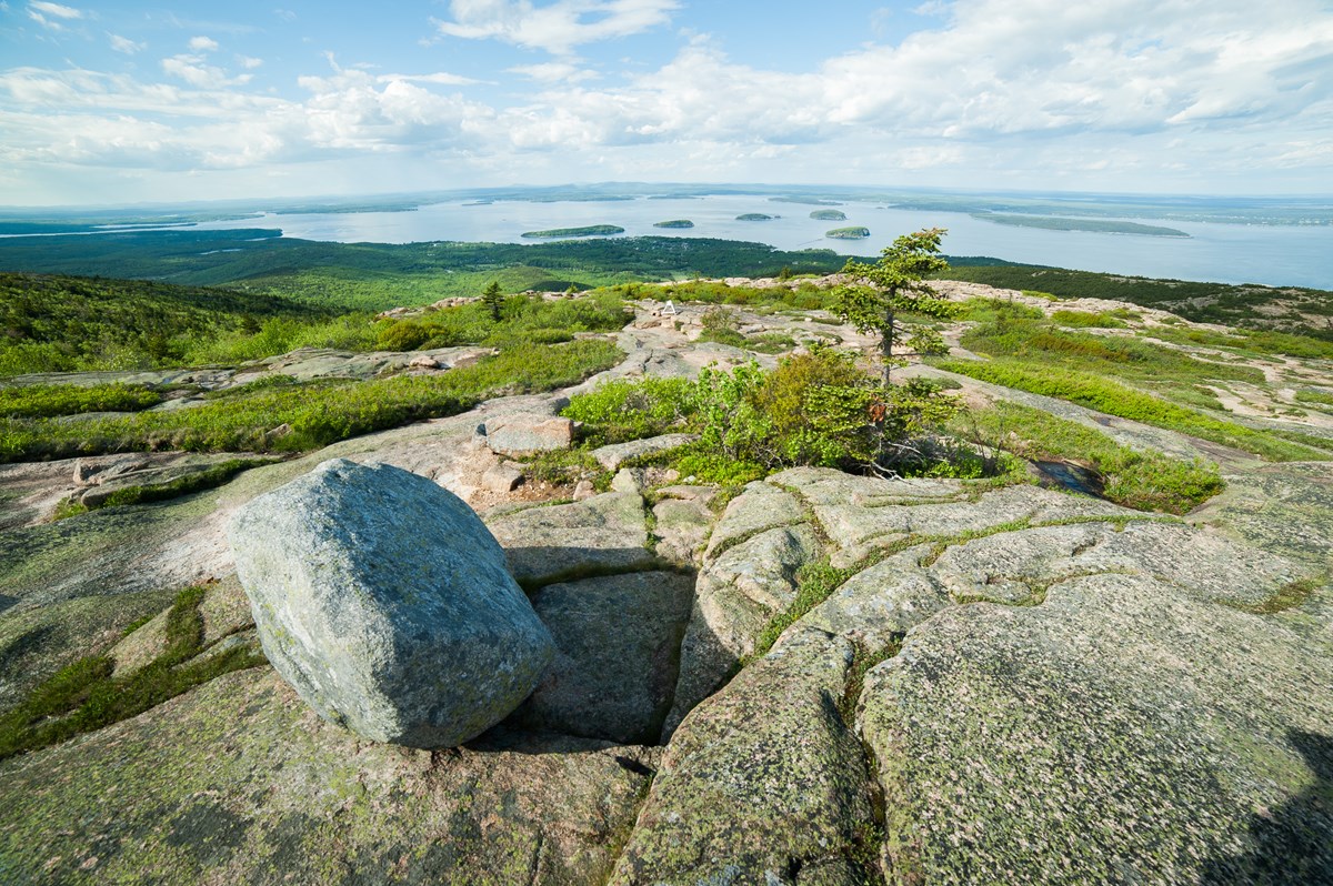 The Porcupine Islands are seen in the distance from the Cadillac Mountain Summit
