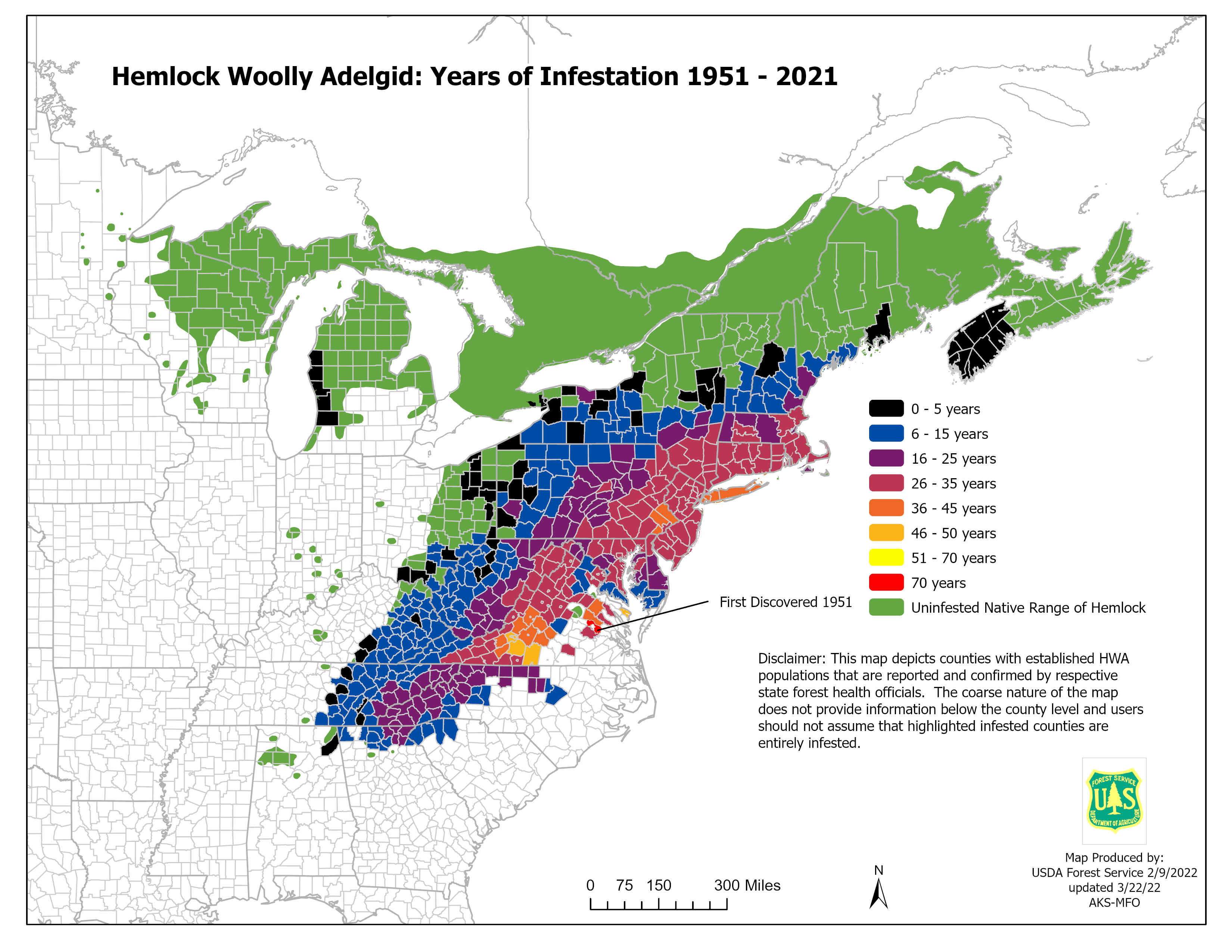 Map showing HWA infestations spreading across the Eastern US from 1951-2021
