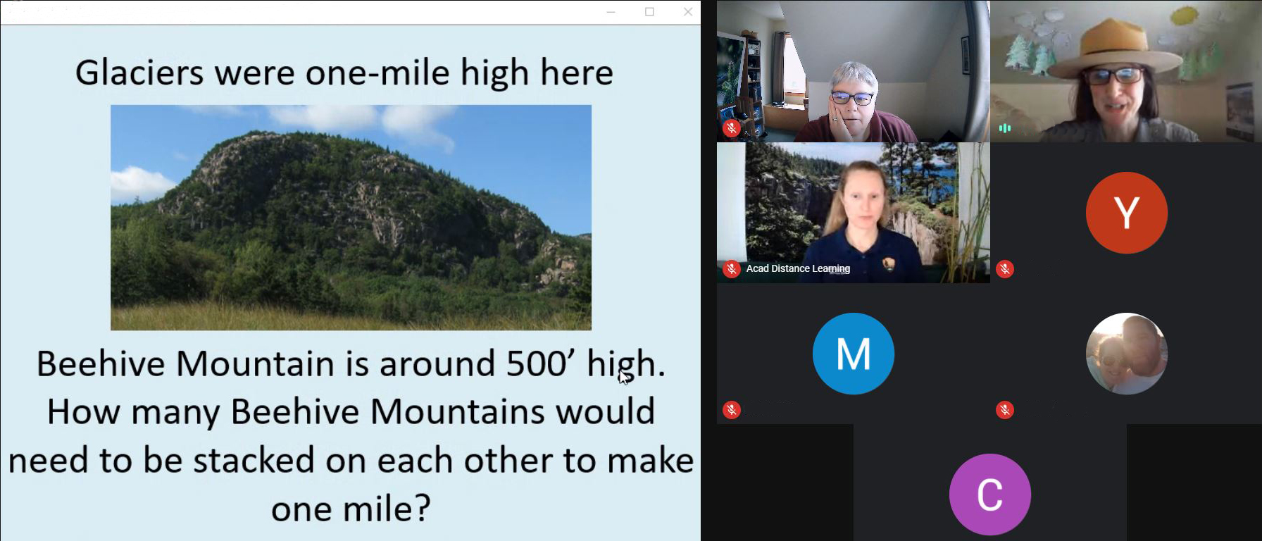 Screen capture of virtual program: Slide of mountain on left, thumbnail images of video participants on right