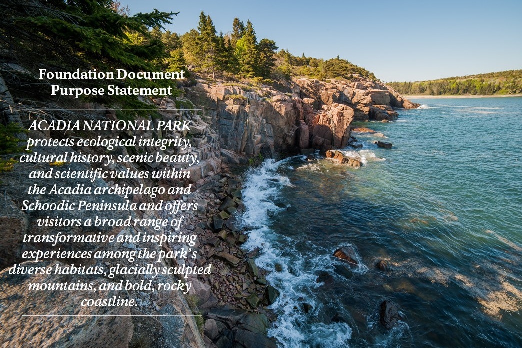 Foundation document statement appears over an image of park coastline