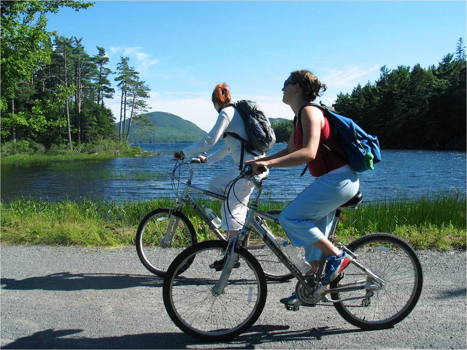 Bikers in Acadia Two female presenting people ride their bikes in Acadia National Park.