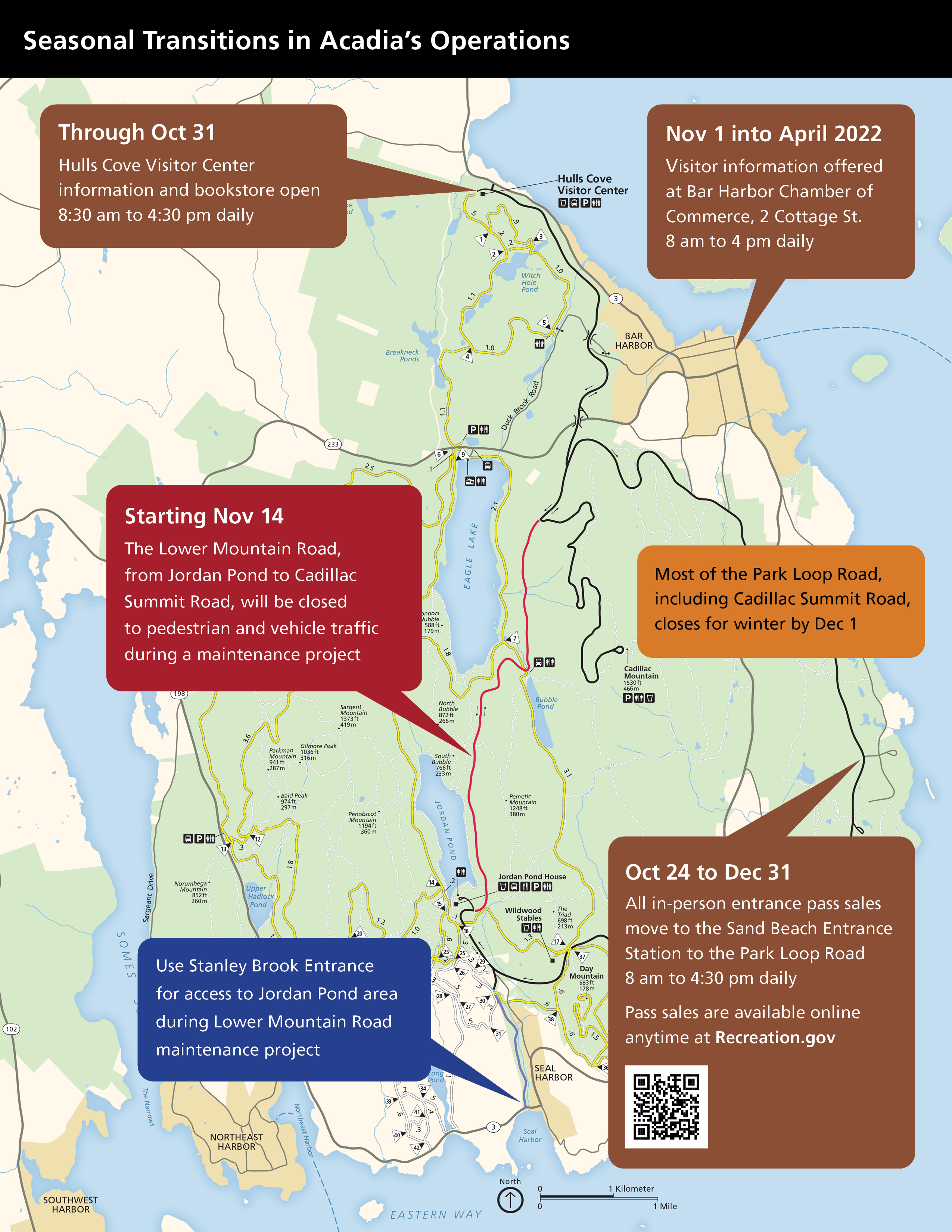 Map of Acadia labeled with changing hours of operation