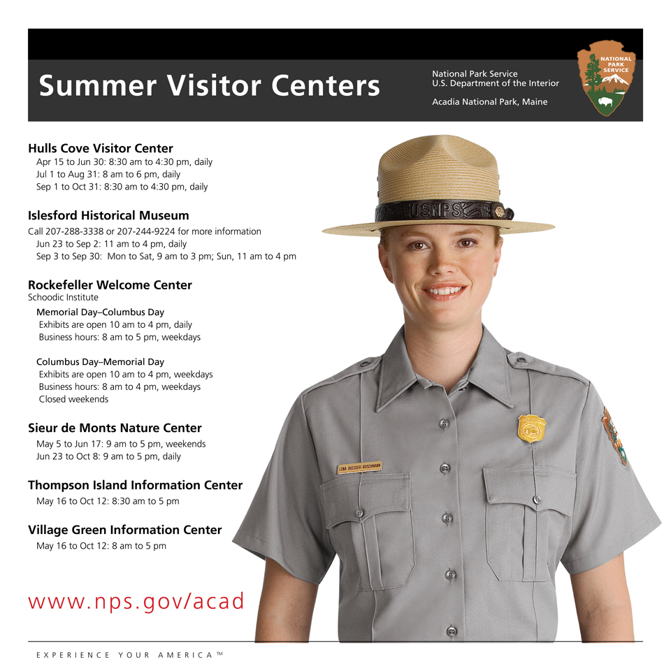 Summer-Visitor-Centers_960 Image of woman in park ranger uniform with a list of operating hours for summer visitor centers