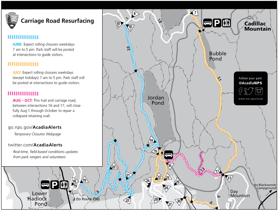 Map of Carriage Roads Rolling Closures