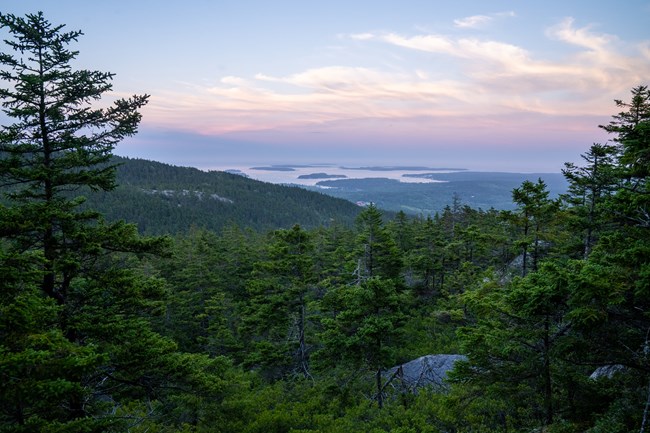 View of forest and islands at sunset