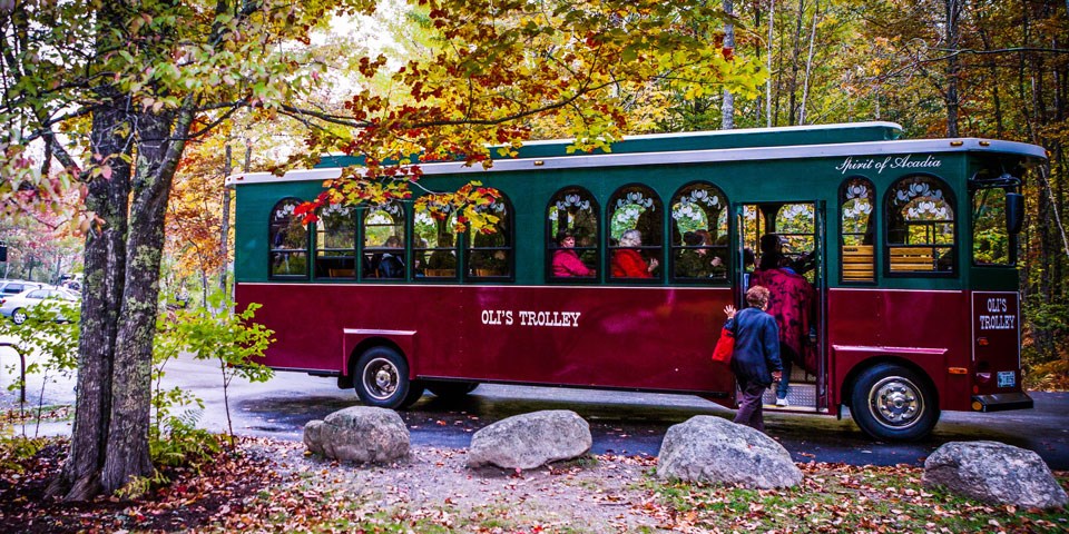 Woman climbs onto a tour bus surrounded by trees in fall colors Woman climbs onto a tour bus surrounded by trees in fall colors