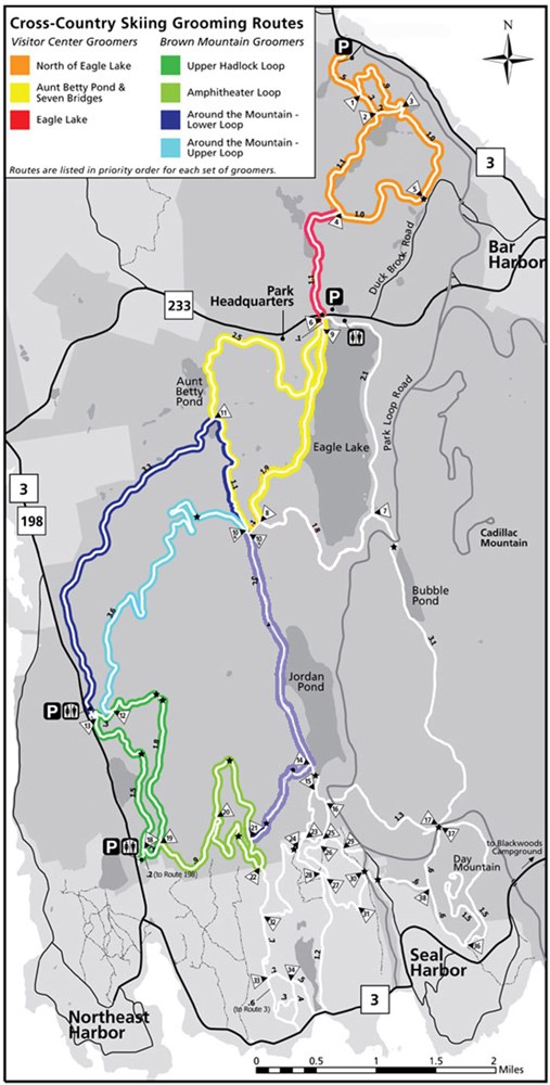 Map of ski trails groomed by Friends of Acadia