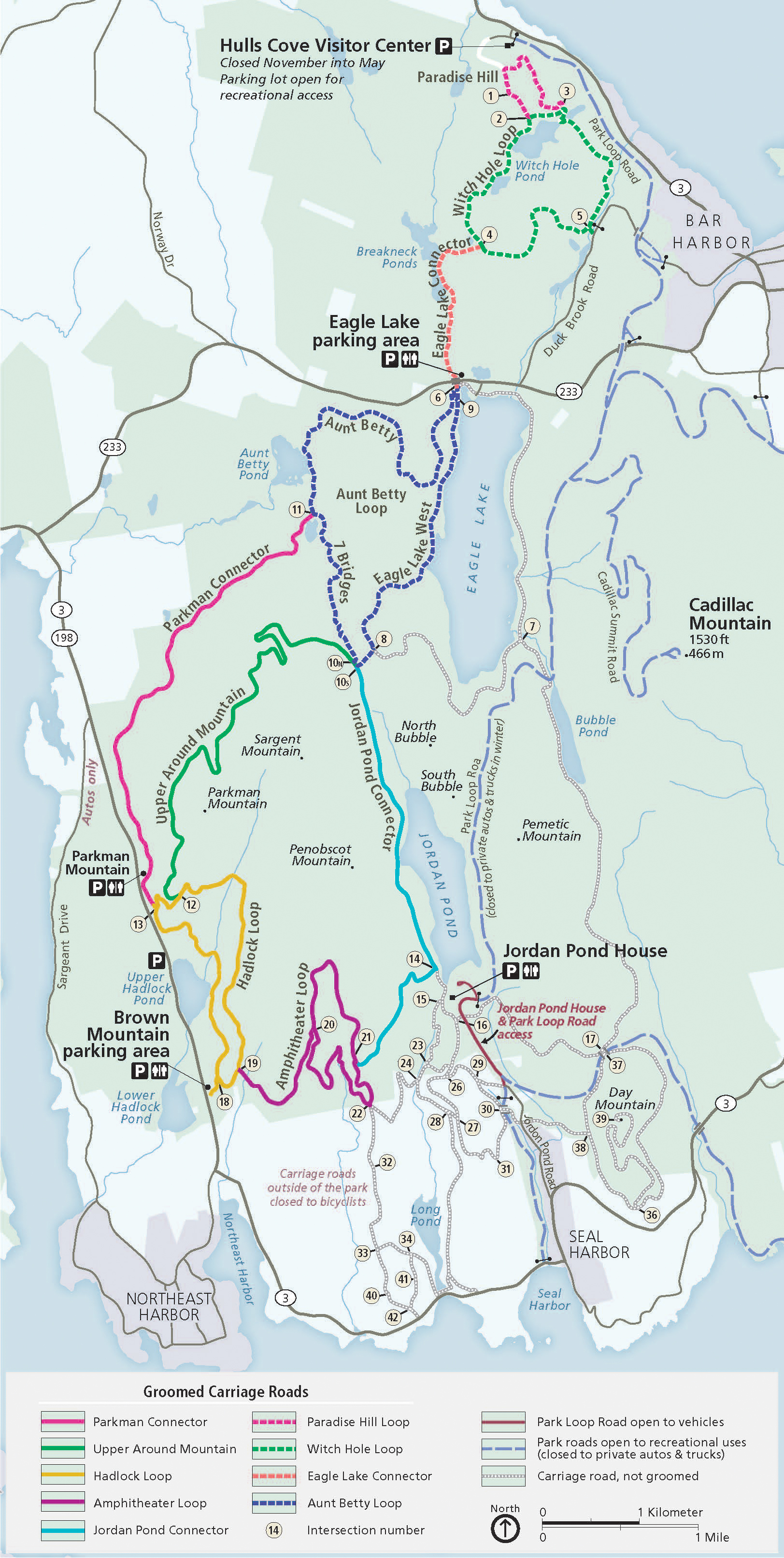 Map of groomed ski trails on Acadia carriage roads