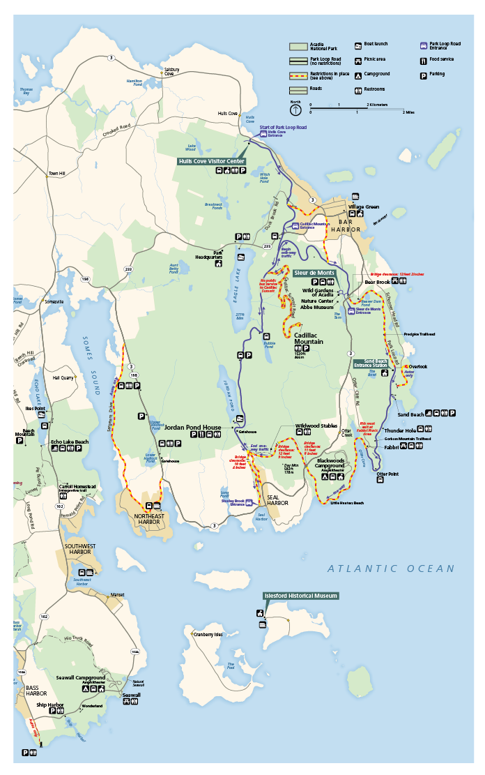 Color map of Mount Desert Island with RV restricted roads depicted in yellow and red warning colors.